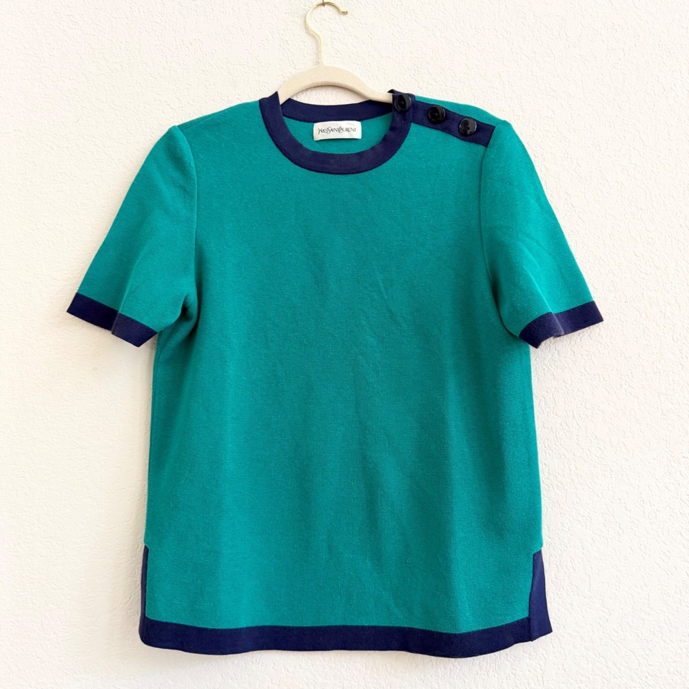 Yves Saint Laurent Vintage Knit Top Green Navy Blue Shoulder Button Short Sleeve - Picture 4 of 9